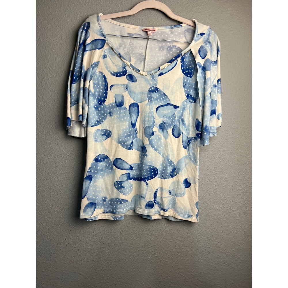 Juicy Couture Blue White Cactus Watercolor Rhinestone V-Neck Flutter Top L